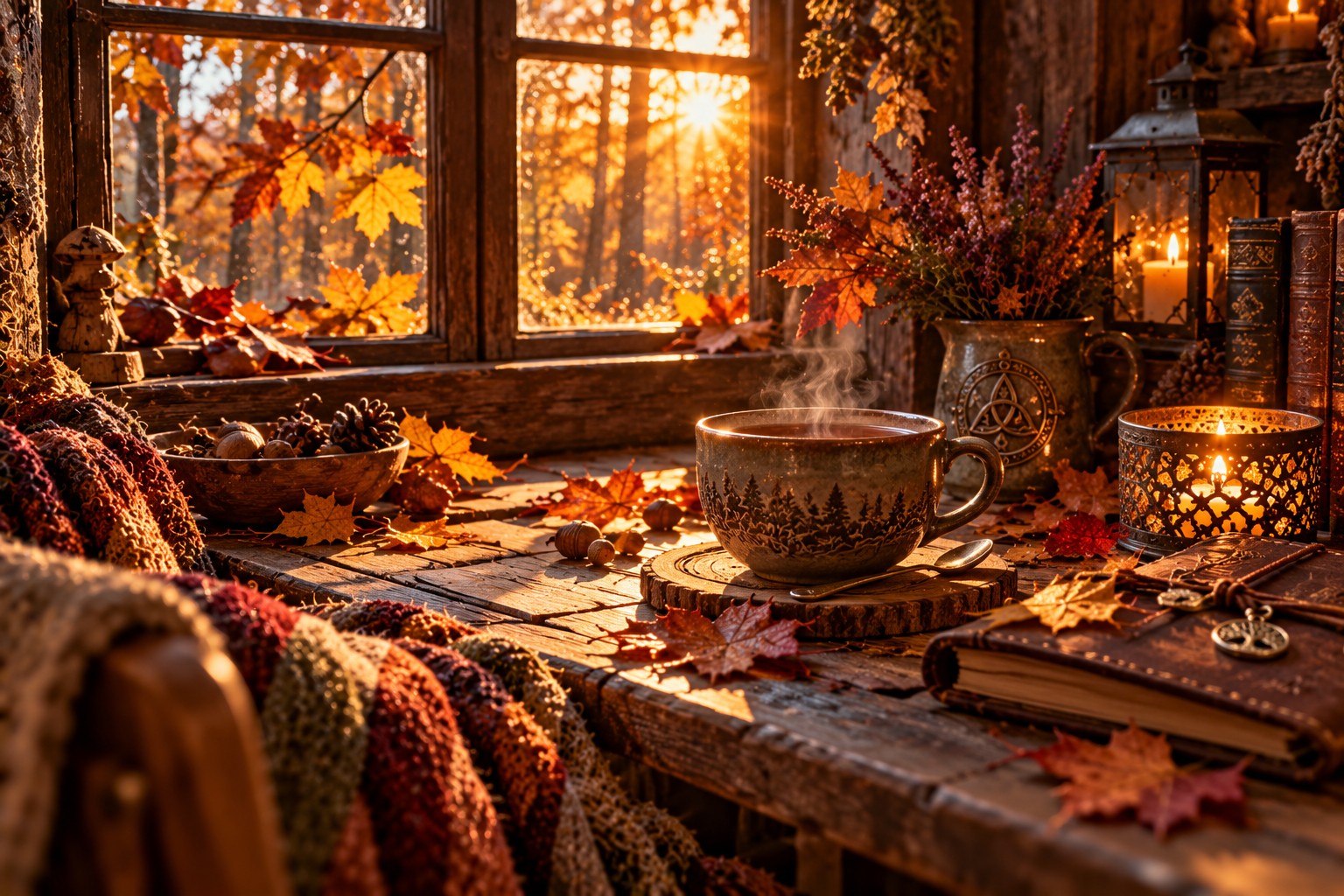 Eine dampfende Tasse am Hüttentisch mit Herbstblättern, Kerzenlicht und Blick in den goldenen Wald