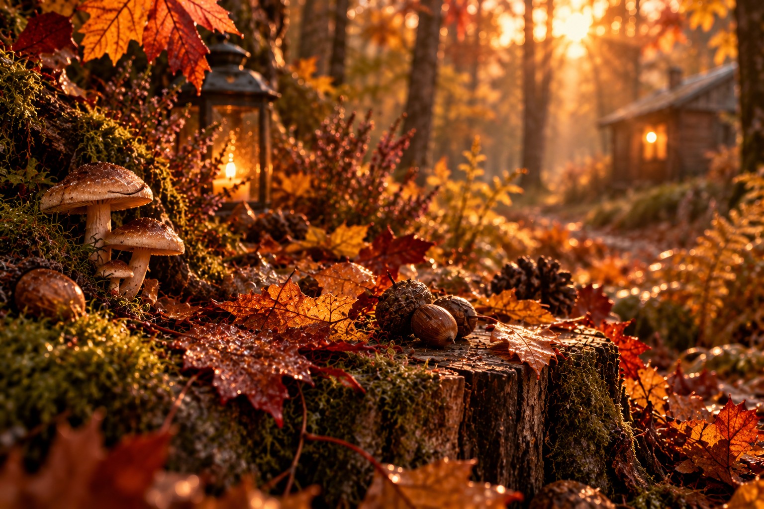Eine leuchtende Laterne zwischen Herbstblättern, Pilzen und einem alten Baumstumpf nahe einer Waldhütte