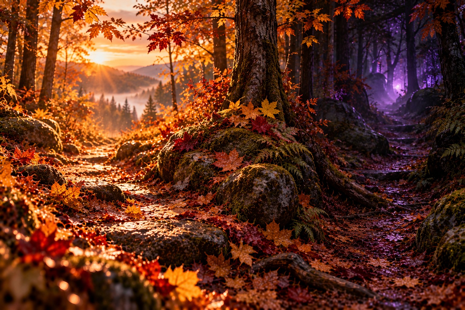 Ein heller Herbstwaldweg neben einem dunklen, violett leuchtenden Abzweig zwischen alten Bäumen