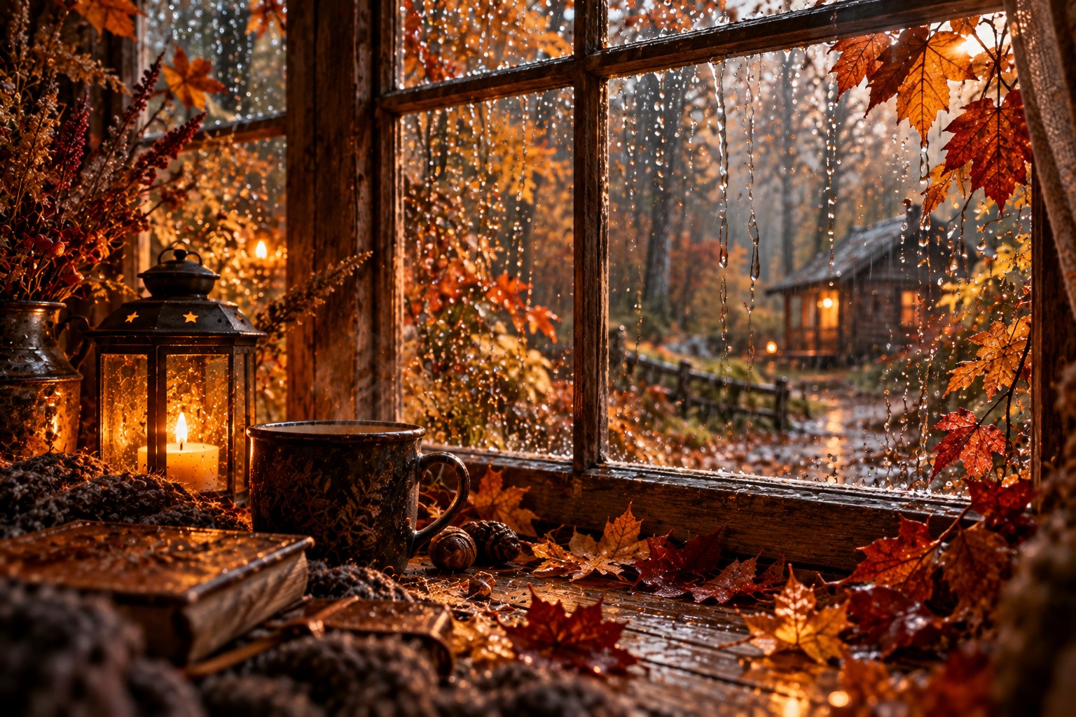 Eine warme Hüttenecke mit Teetasse und Laterne am Fenster zum regennassen Herbstwald