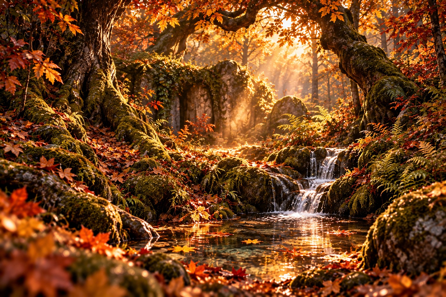 Ein verborgener Bach zwischen alten Bäumen, moosbewachsenen Steinen und dichtem Herbstlaub
