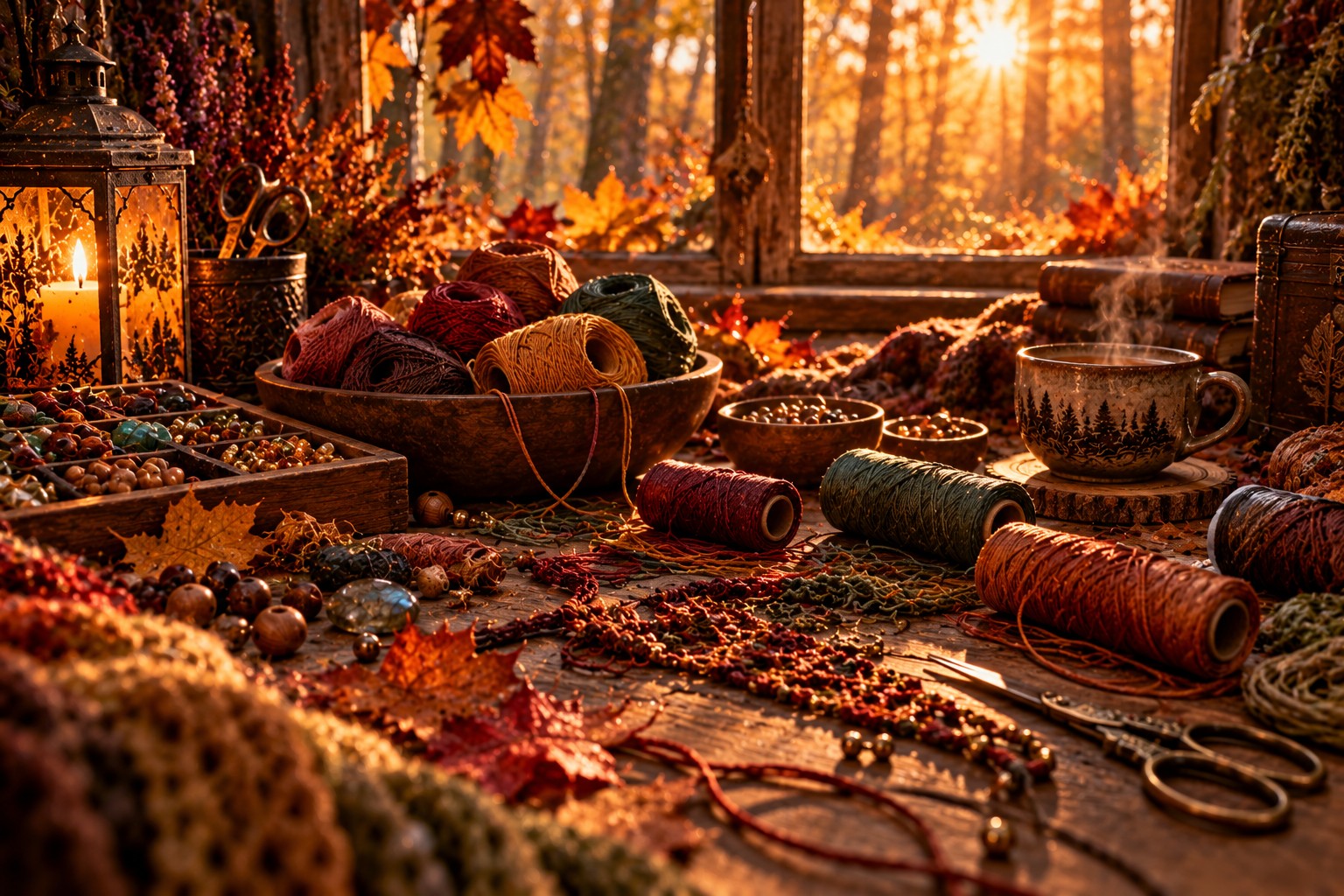 Garne in Herbstfarben, Perlen und eine Schere auf einem Holztisch am Fenster zum Wald