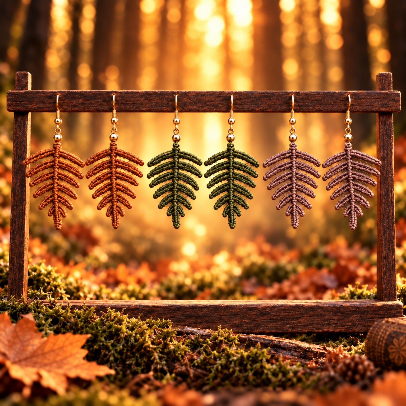 Drei Paare Wild-Fern-Ohrringe in Braun, Olivgrün und hellem Braun vor herbstlichem Waldhintergrund