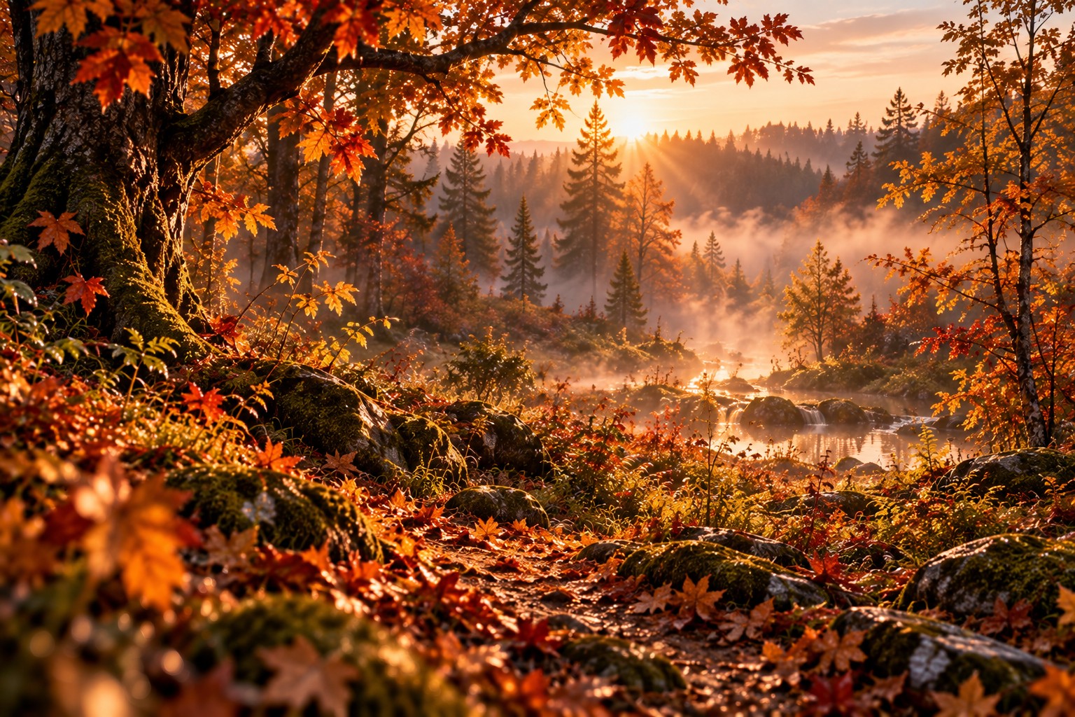 Ein Pfad zwischen moosbewachsenen Wurzeln und Herbstlaub mit Blick auf einen nebligen Wald und Wasser