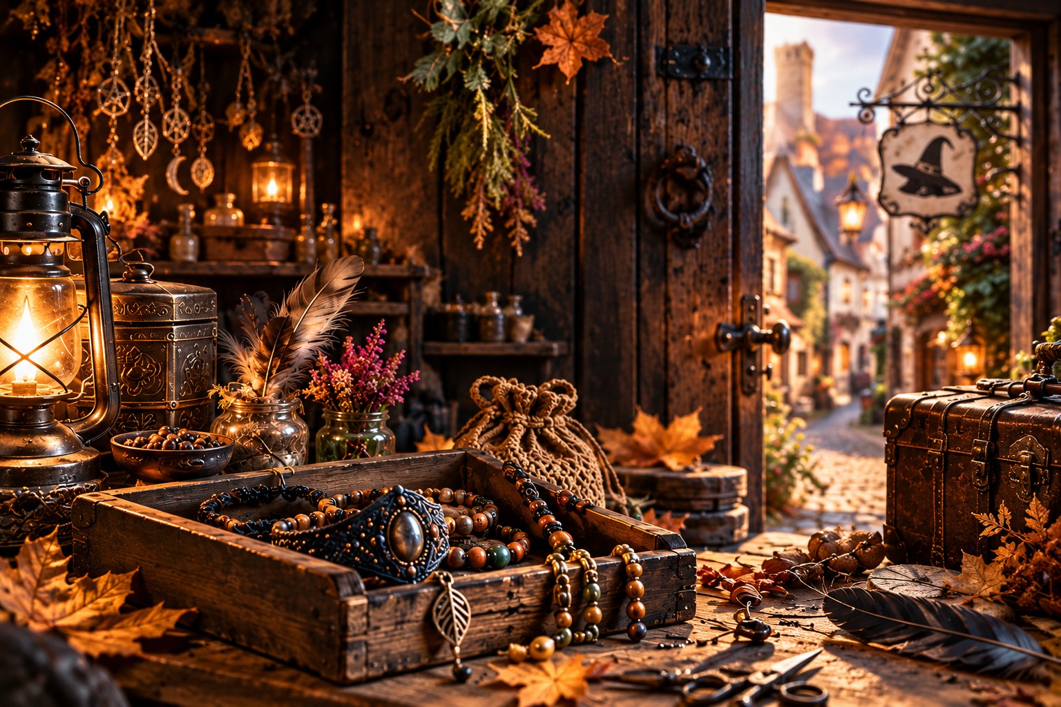 Schmuck auf einem herbstlichen Werktisch im Hexenwerk; die offene Tür führt hinaus in eine Gasse mit kleinen Geschäften