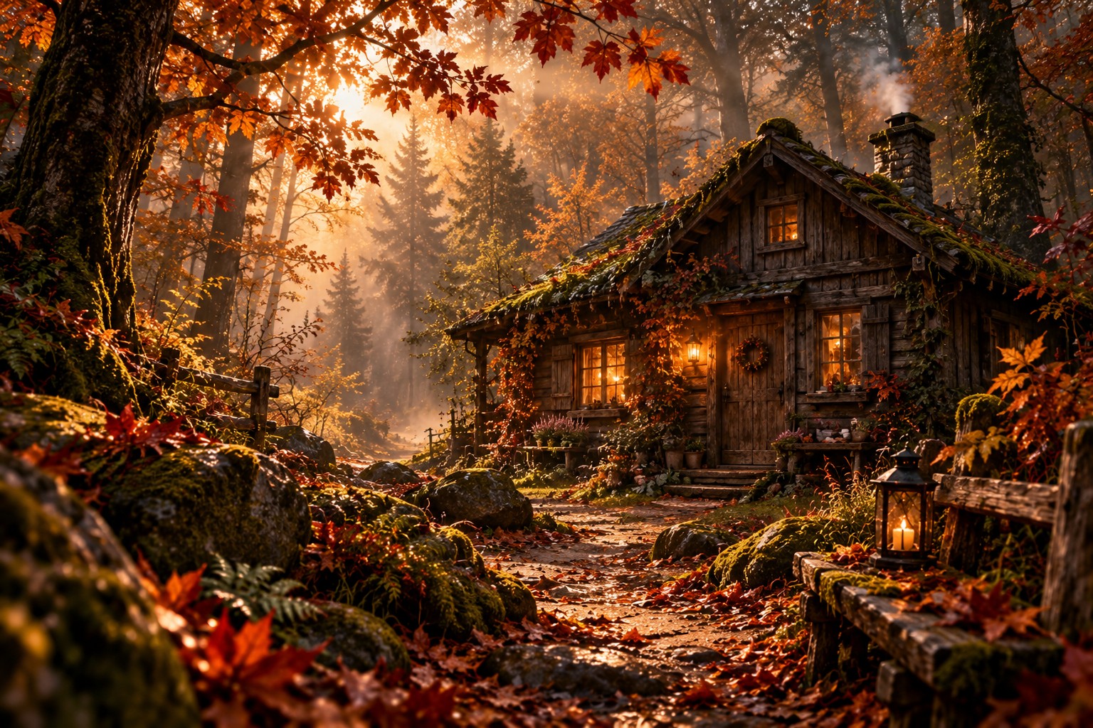 Eine kleine Holzhütte auf der herbstlichen Waldlichtung
