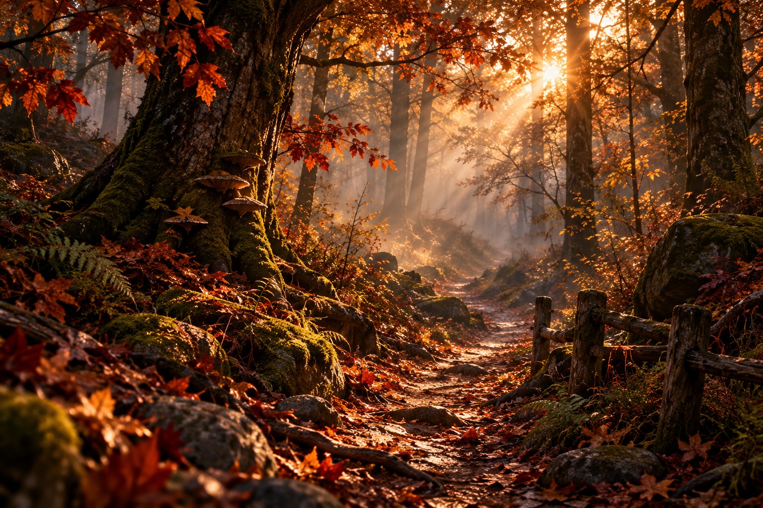 Schmaler Weg zwischen moosigen Bäumen im goldenen Morgennebel