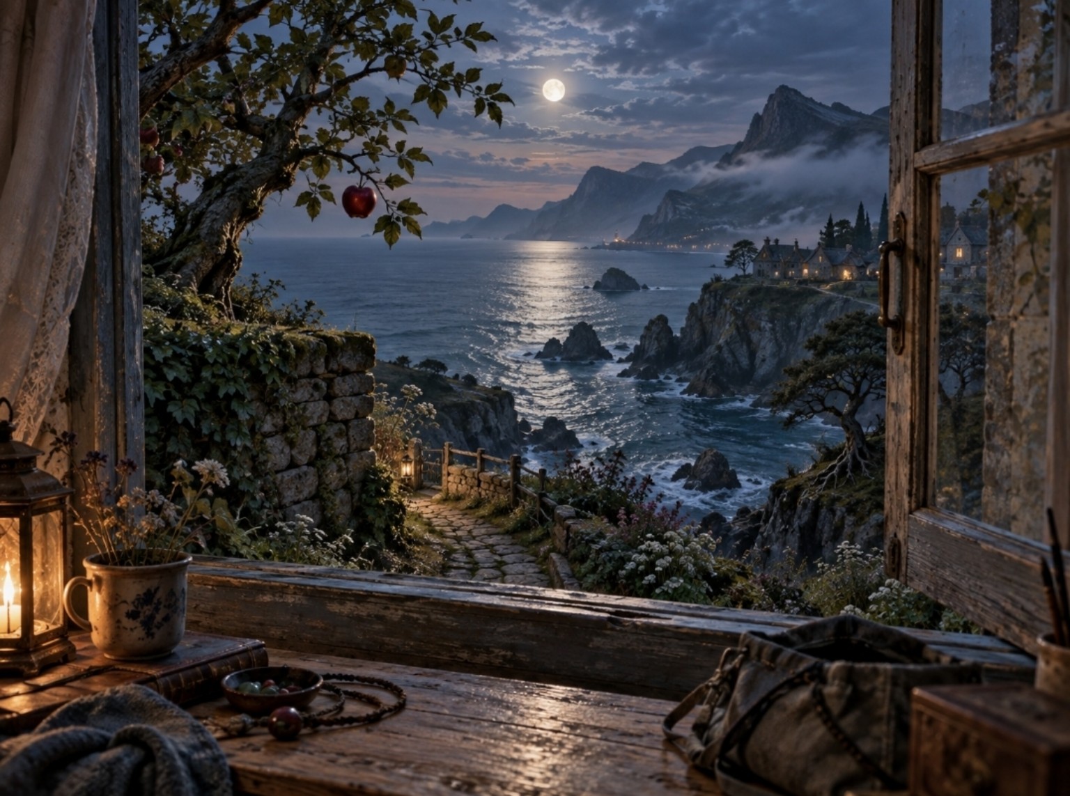Blick aus Morlas Fenster über Apfelbaum und Steinmauer auf die Küste im Mondlicht