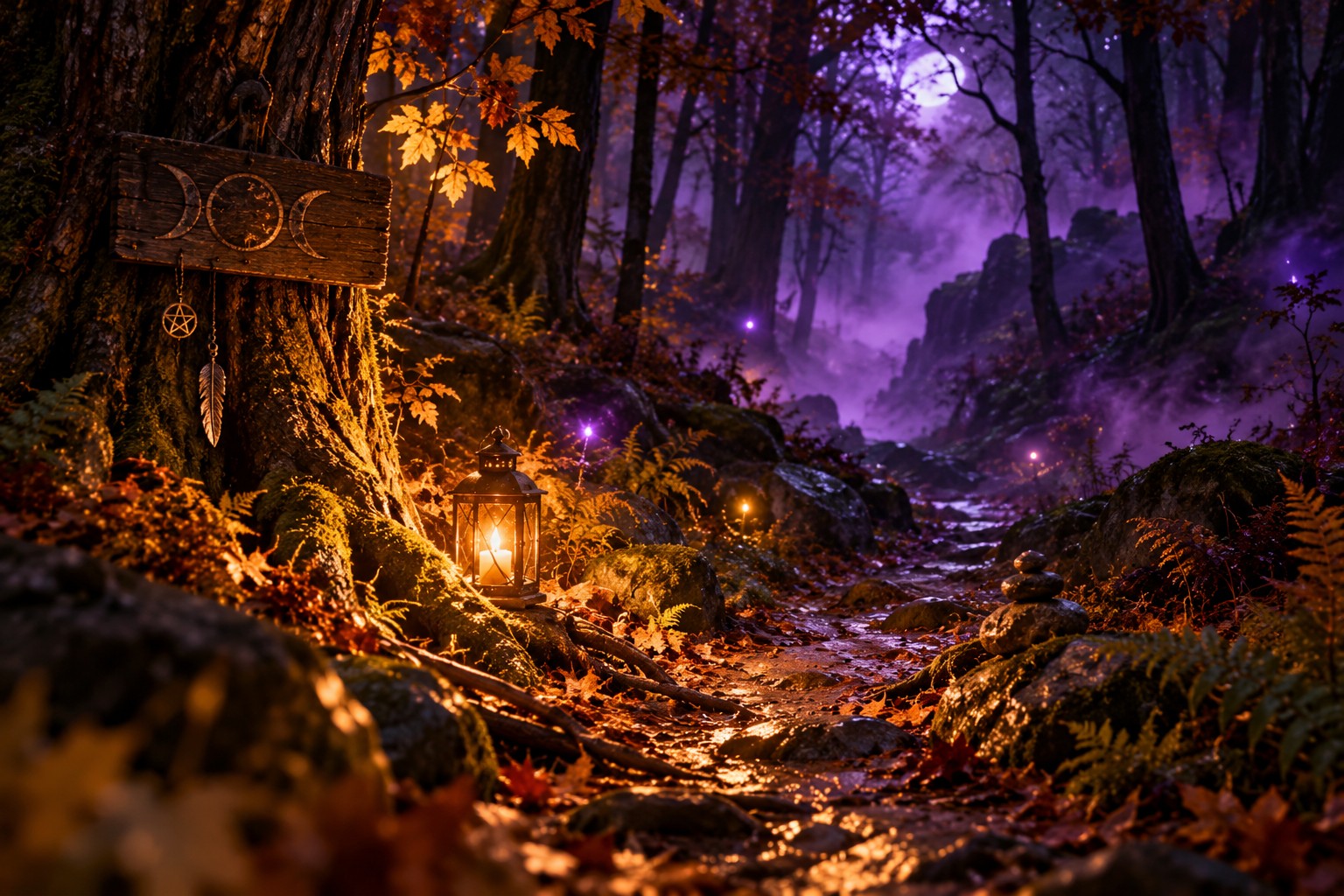 Vom warmen Herbstwald zweigt ein geheimnisvoller Pfad in violetten Nebel ab