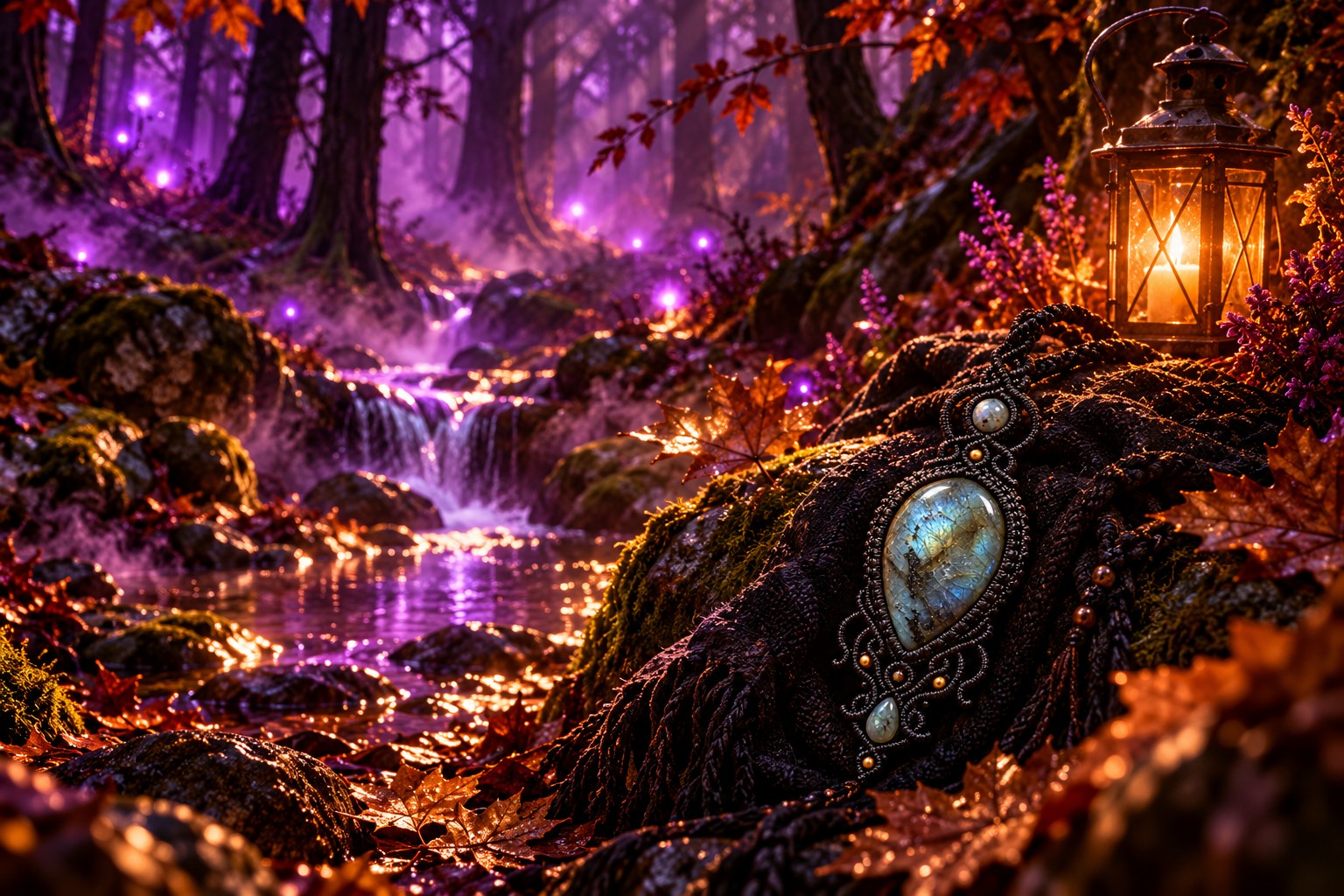 Atmosphärische Illustration: ECHO OF BEYOND mit Labradorit vor einer violett leuchtenden Waldlandschaft