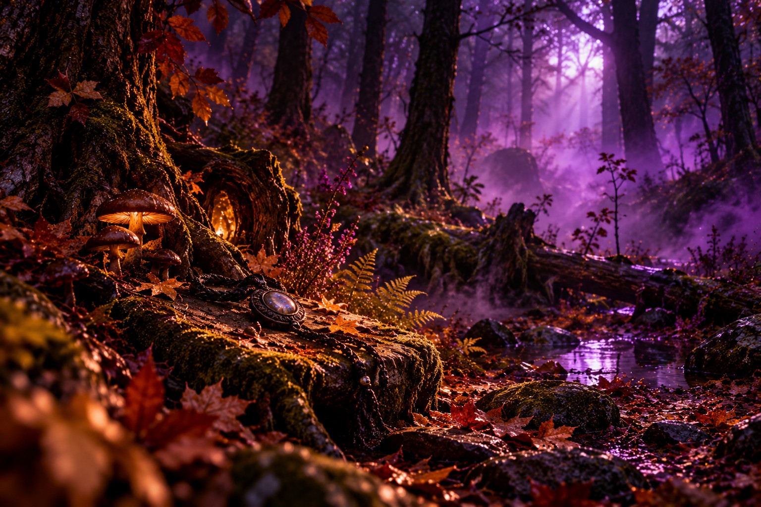 Atmosphärische Waldillustration mit dunklen Stämmen und violettem Licht
